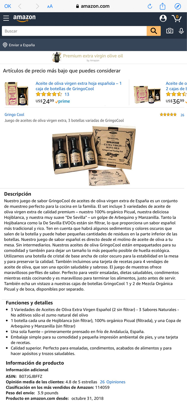 Gringo Cool entre los 14 aceites de oliva más vendidos en Amazon USA Formatos y descripción en Amazone
