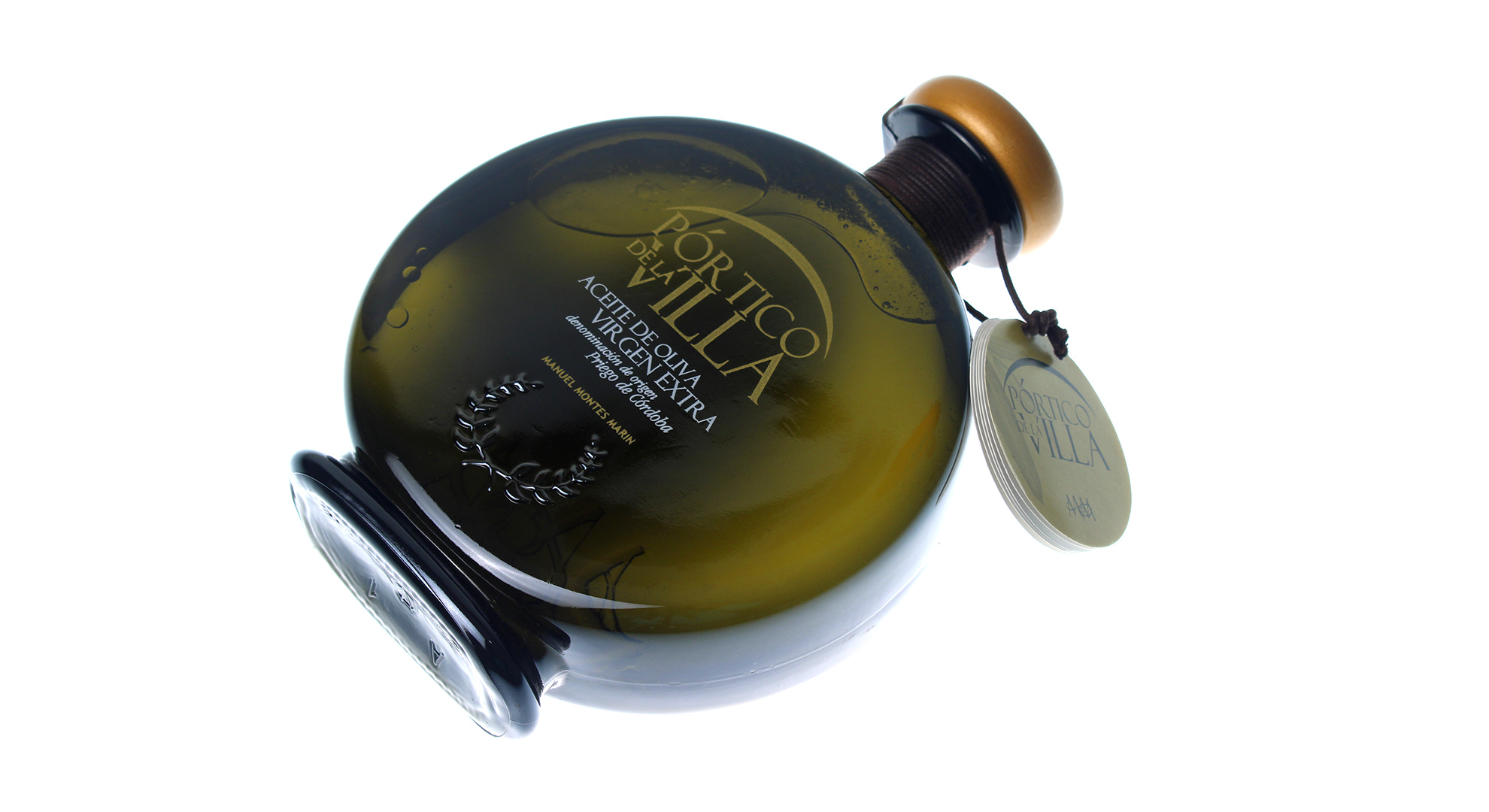 Pintado y serigrafía de envases. Calca serigráfica simil oro y blanco botella aceite portico de la villa