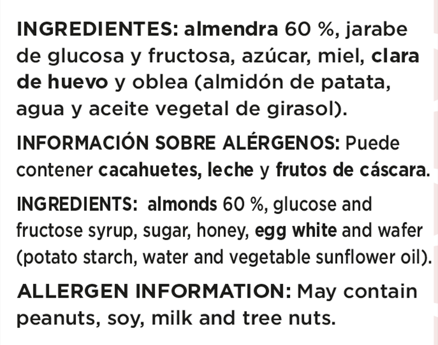 Información sobre ingredientes y alérgenos en la etiqueta.